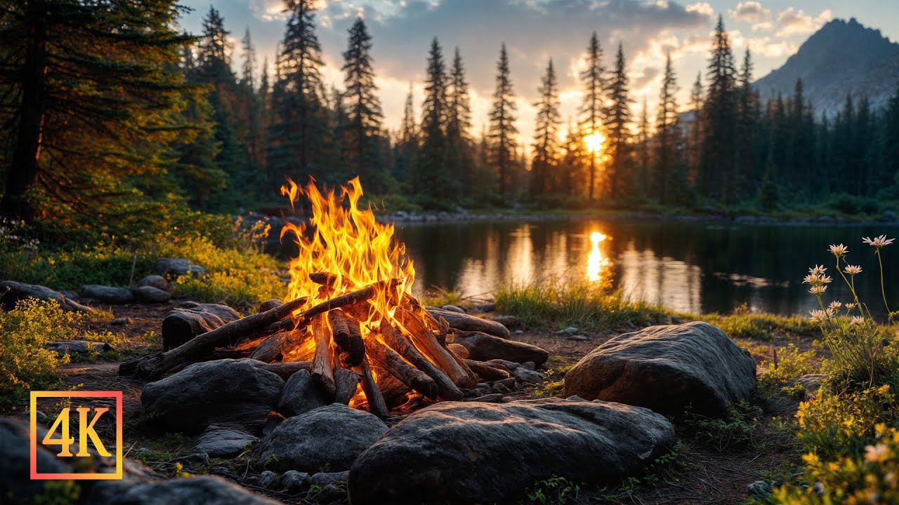 Summer Lakeside Campfire 🔥 Peaceful Forest Nature Sounds for Relaxing Ambience