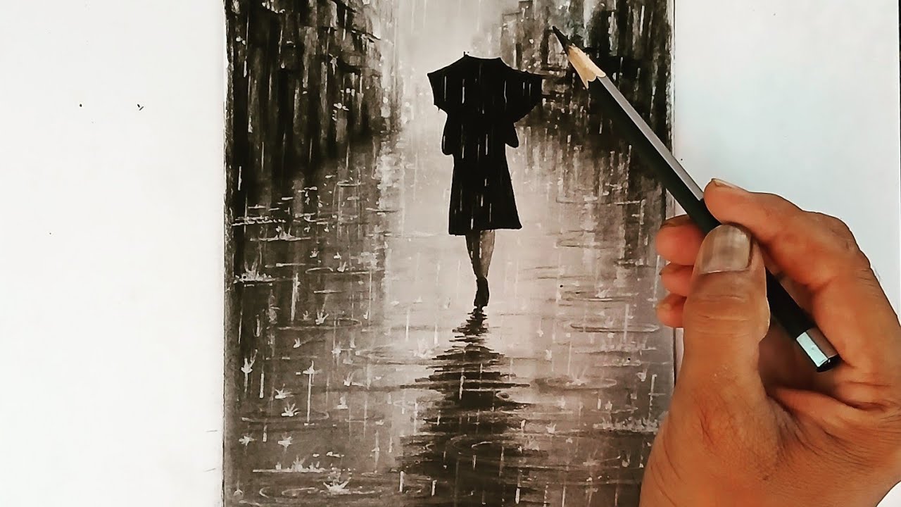 Pencil drawing landscape a girl with an umbrella on a rainy night.