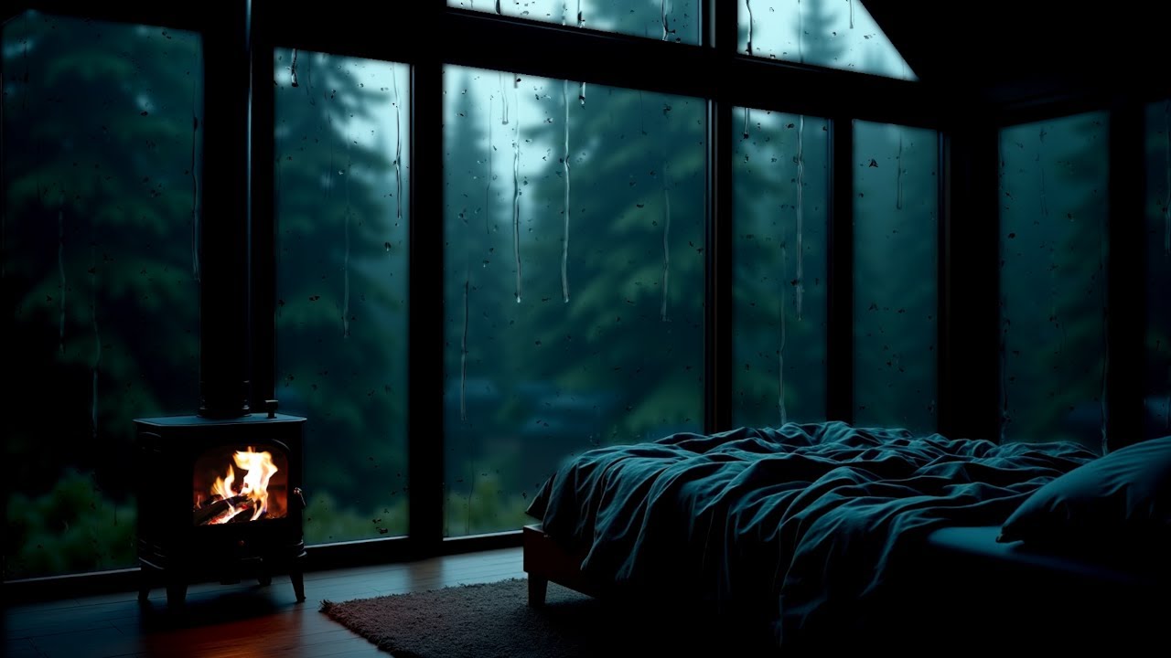 Cozy Cabin Rain & Crackling Fireplace Ambience  |  Relaxing Sounds for Sleep, Study, or Meditation