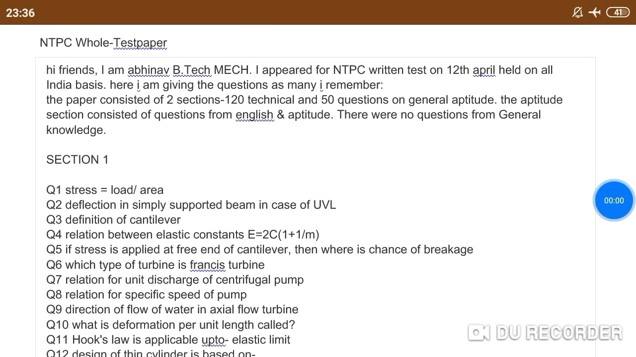 NTPC MECHANICAL ENGINEERING PREVIOUS YEAR QUESTION PAPER