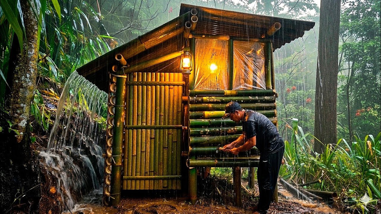 3 days solo camping survival in the forest building a bamboo house alone in heavy rain ASMR