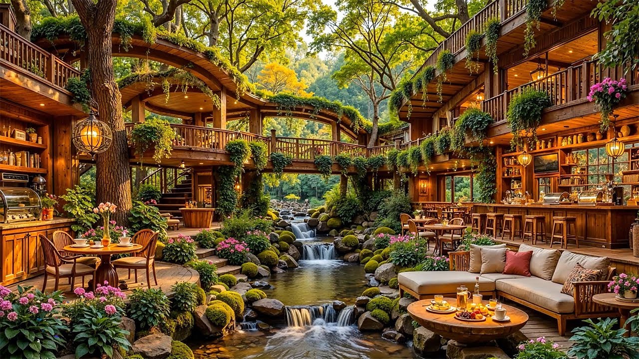 Relaxing Jazz Instrumental Music at Outdoor Coffee Shop Ambience in the Forest on Spring Morning