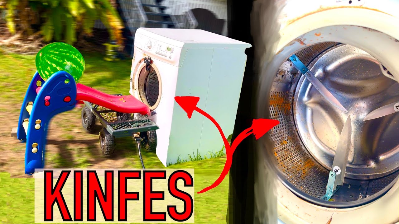 Knife Blades vs Fast Spinning Washing Machine (extreme destruction)