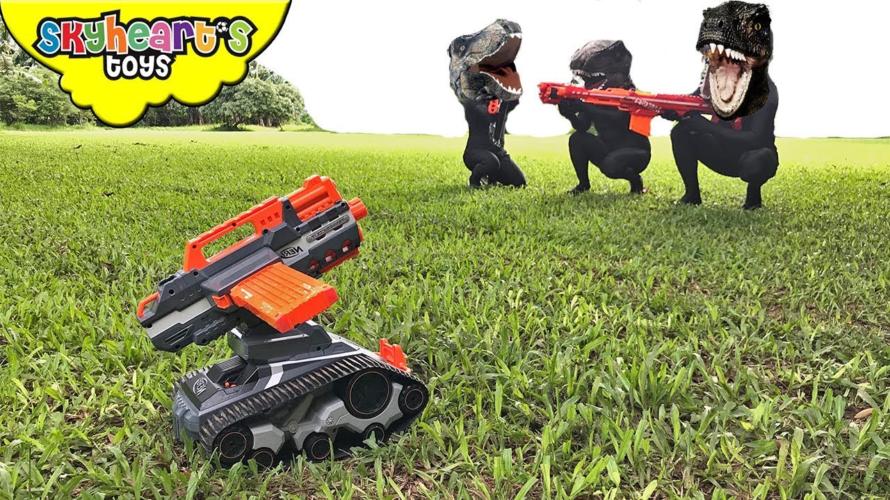 DINOSAURS vs. Nerf Terrascout - Skyheart Nerf War with dinosaurs for kids