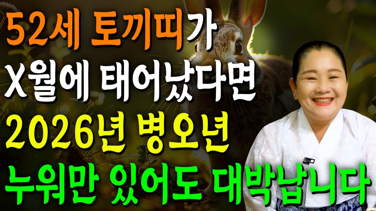 토끼띠 고생했다..!! 2026년 1975년생 52세 X월생 토끼띠는 배신당했던 모든날을 보답받습니다! 75년생 토끼띠의 운명과 신년운세 / 병오년 초대박나는 52세 토끼띠 운세