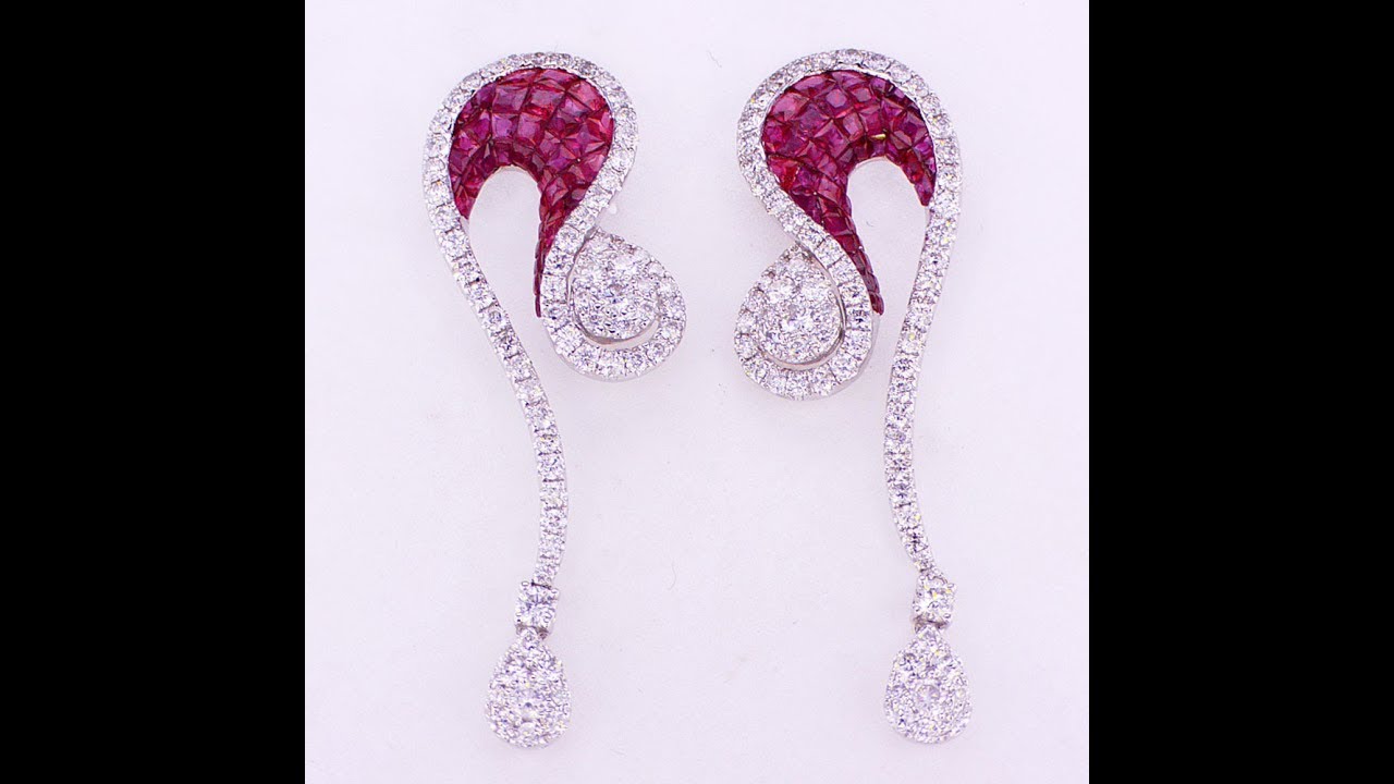 4.16CT 18KT WHITE GOLD RUBY GEMSTONE FASHION DIAMOND DROP EARRINGS