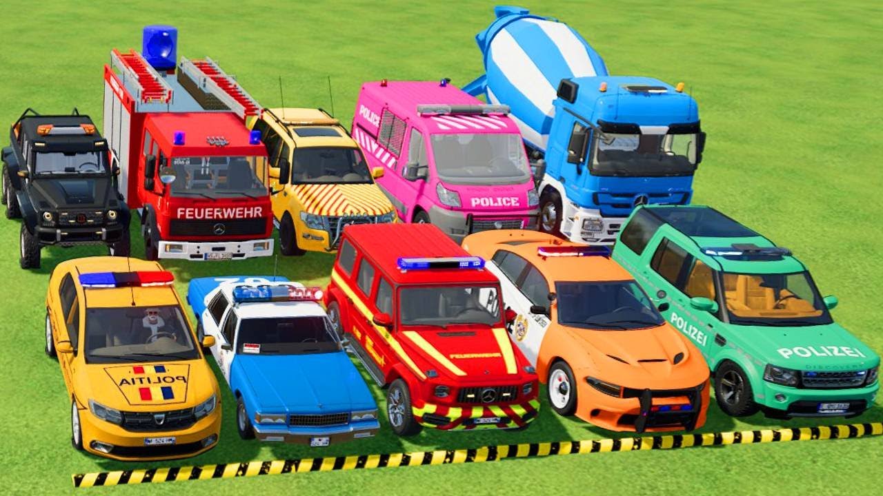 TRANSPORTING POLICE CARS, AMBULANCE, FIRE TRUCK, COLORFUL CARS WITH TRUCK -FARMING SIMULATOR 22!
