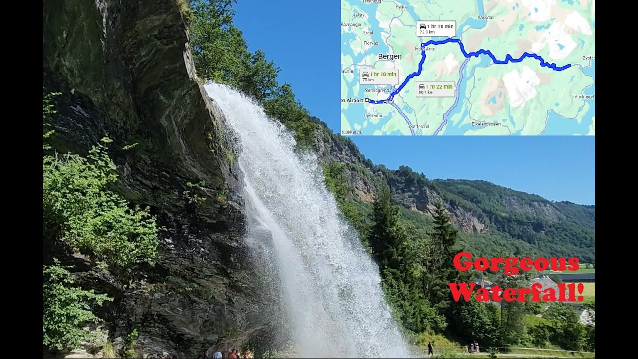 4K Scenic drive with captions: Bergen Airport to Steinsdalsfossen waterfall #norway #waterfall