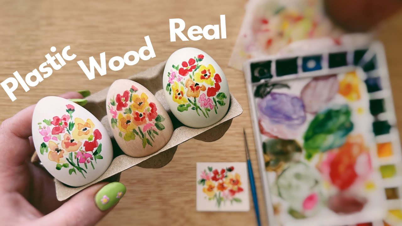 Watercolor Easter eggs. Real, wood and plastic