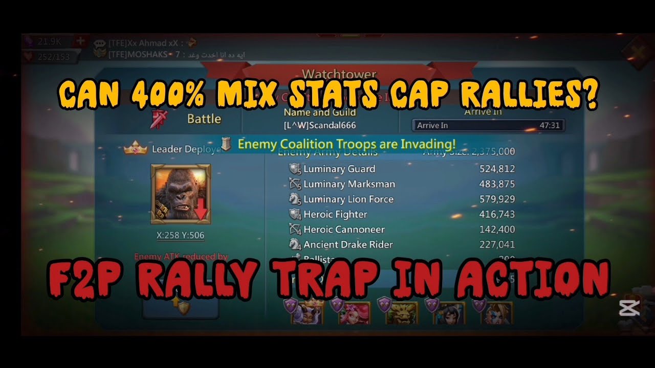 Lords Mobile - 600M MIGHT F2P RALLY TRAP VS TITAN MIX RALLIES ! 400% MIX STATS WITHOUT INFIRMARYS !