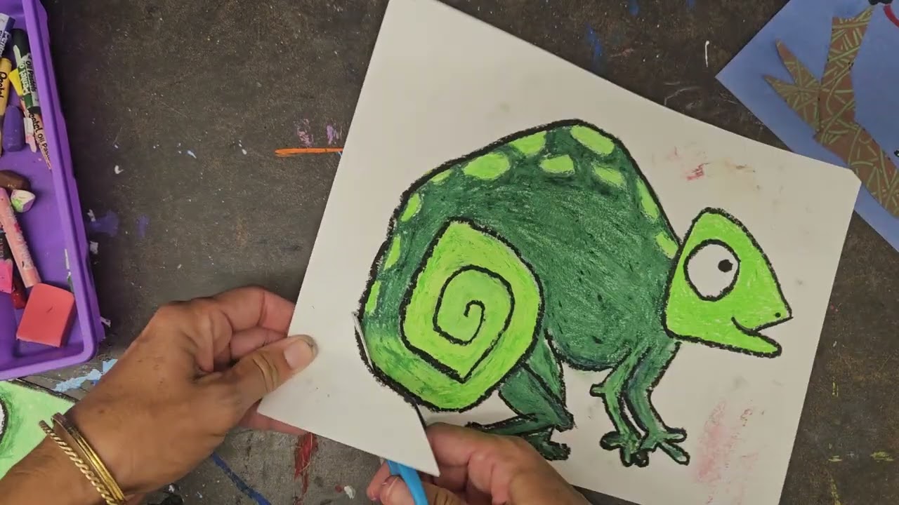 Chameleon collage and oil pastel
