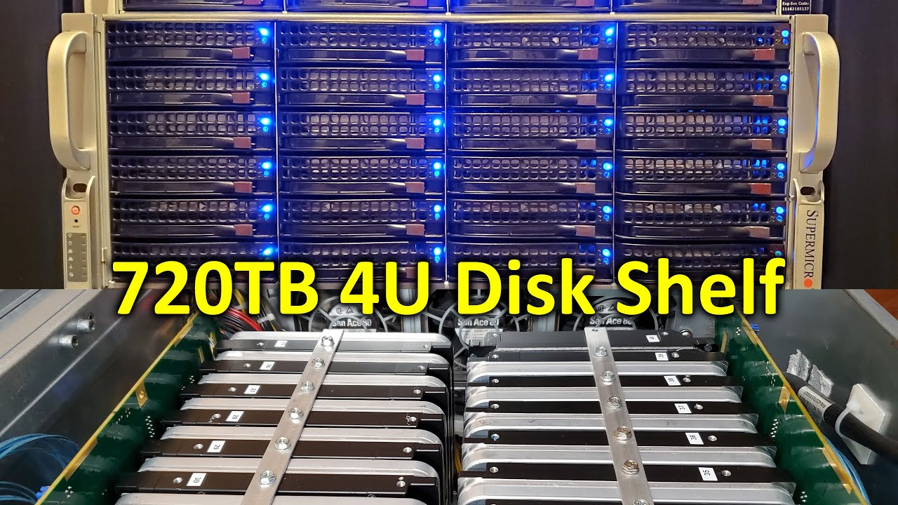 Массивный дисковый массив JBOD на 720 ТБ, сборка серверного корпуса Supermicro CSE846 высотой 4U