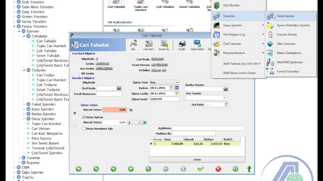 AKINSOFT WOLVOX ERP Finans Yönetimi - Cari Tahsilat Girişleri