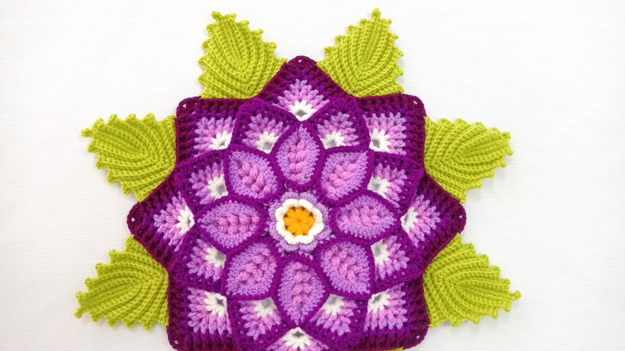 Como tejer la FLOR N° 50 con hojas a crochet paso a paso para centros, caminos de mesa y tapetes.