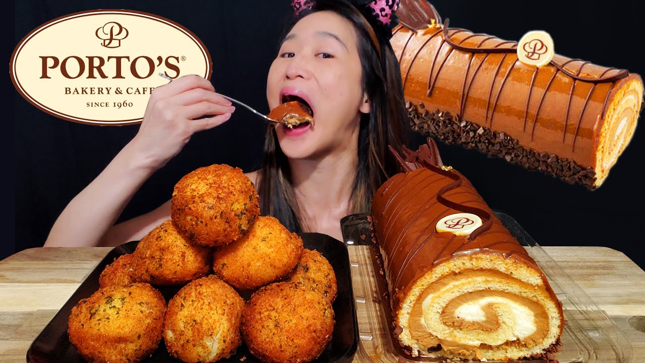 Eating The Best Cake Ever! Porto's Lechee Cake Roll & Turkey Potato Balls - Dessert Mukbang w/ ASMR