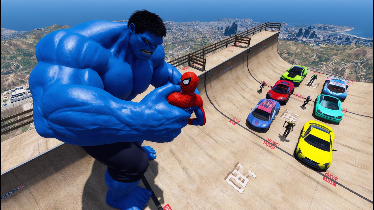 Impossible Sky Challenge: 6 Superheroes Face the Mad Blue Hulk & Explosions!