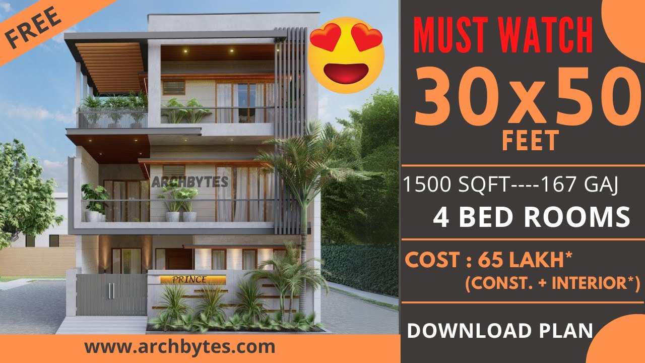 30x50 Feet House Design 3D: 4 Bedrooms| 9x14 Meters| 1500 Sqft| 167 Gaj| Archbytes