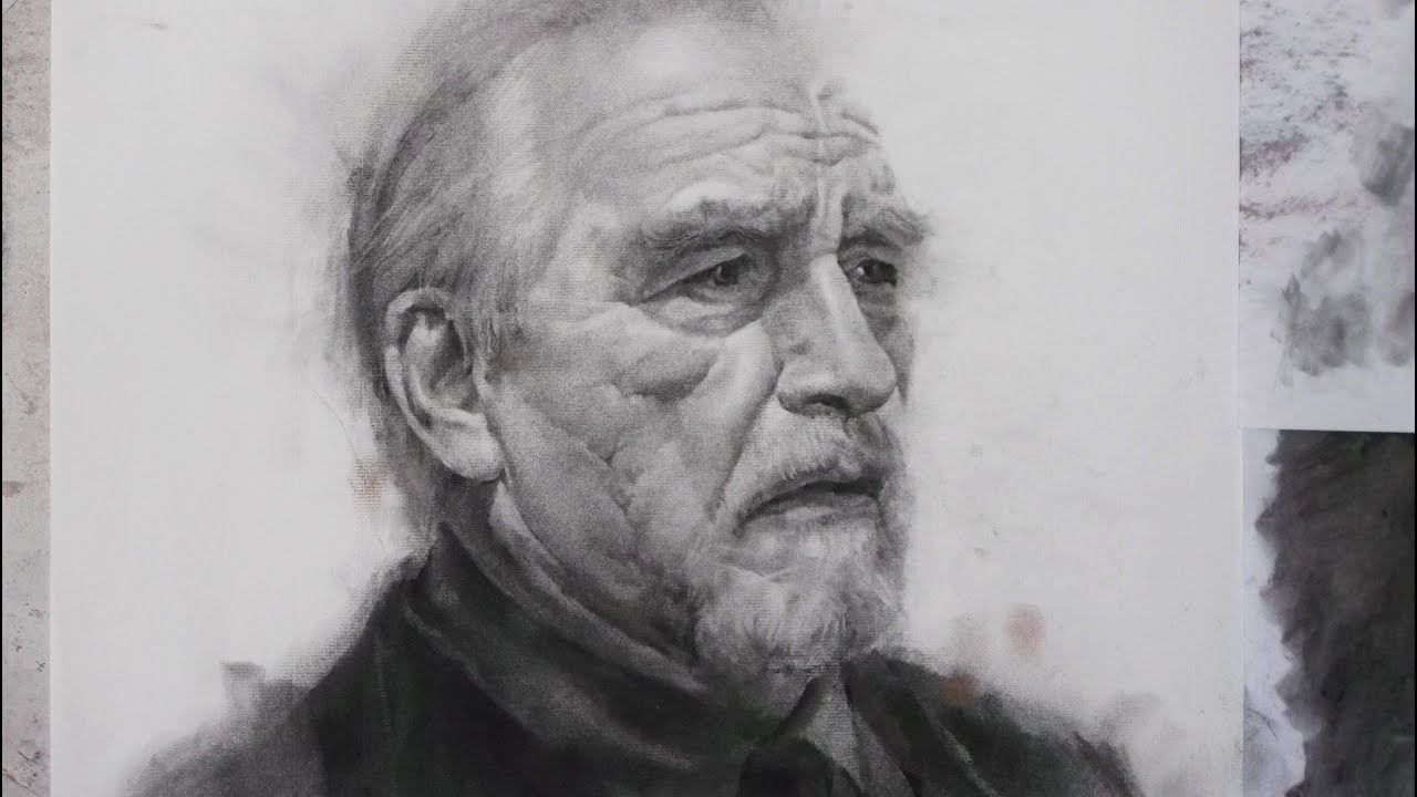Retrato, técnica a carboncillo sobre papel Ingres. Sesión 1ª, encaje y sombreado en tiempo real.