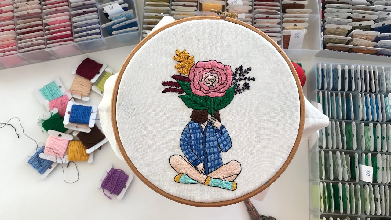 Girl and flowers 4 pattern. Hand embroidery time lapse
