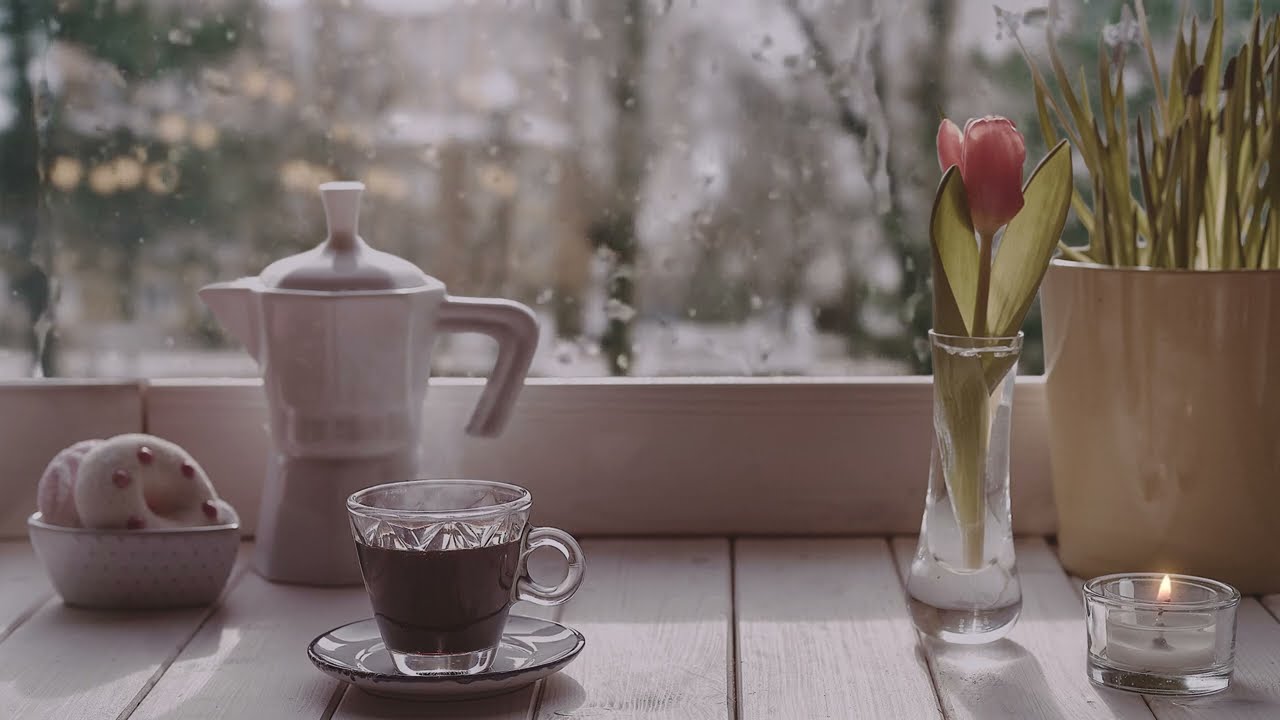 Coffee on a Rainy Spring Morning Ambience (4K) | gentle rain sounds and birdsong, no thunder