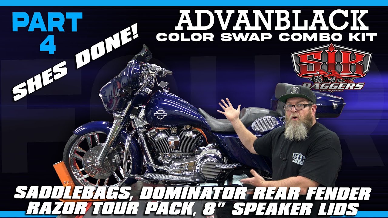Part 4 Advanblack Color Swap Street Glide Dominator Fender, Stretched Saddlebags, 8-inch Speaker Lid