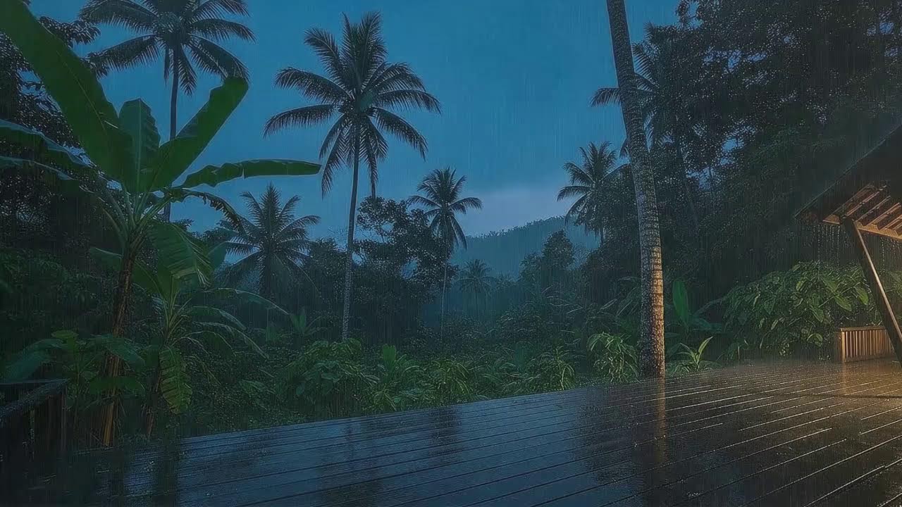 Sleep Now with Light Rain and Distant Thunder Echo at Wooden Cabin Terrace 🌧️