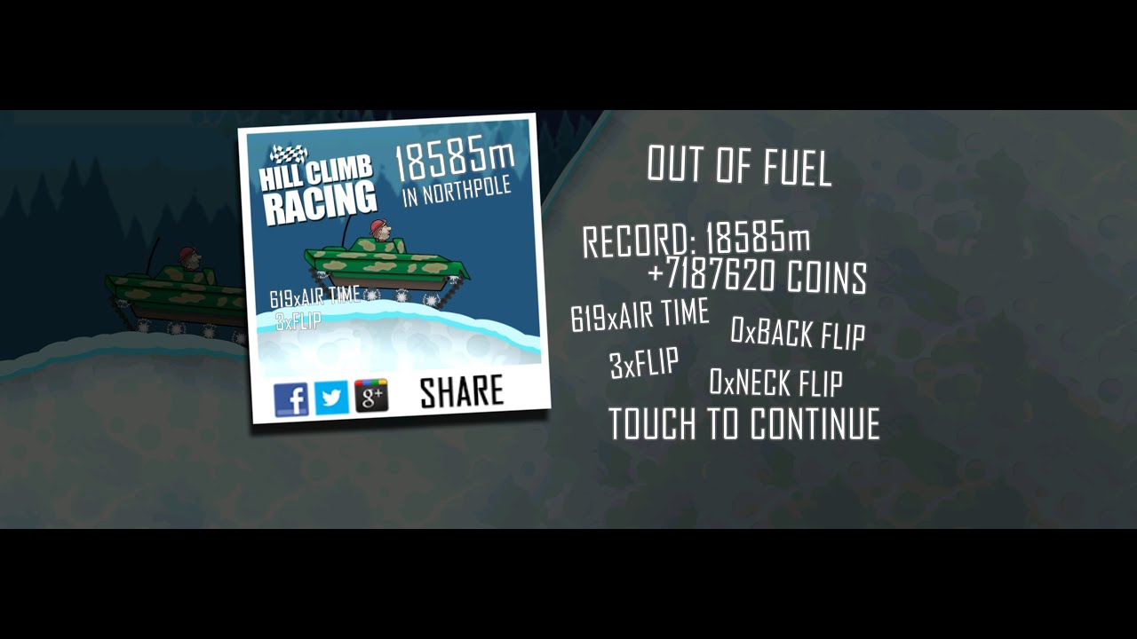 Hill Climb Racing: 18585m in Northpole on Tank (no boosters, no pets)