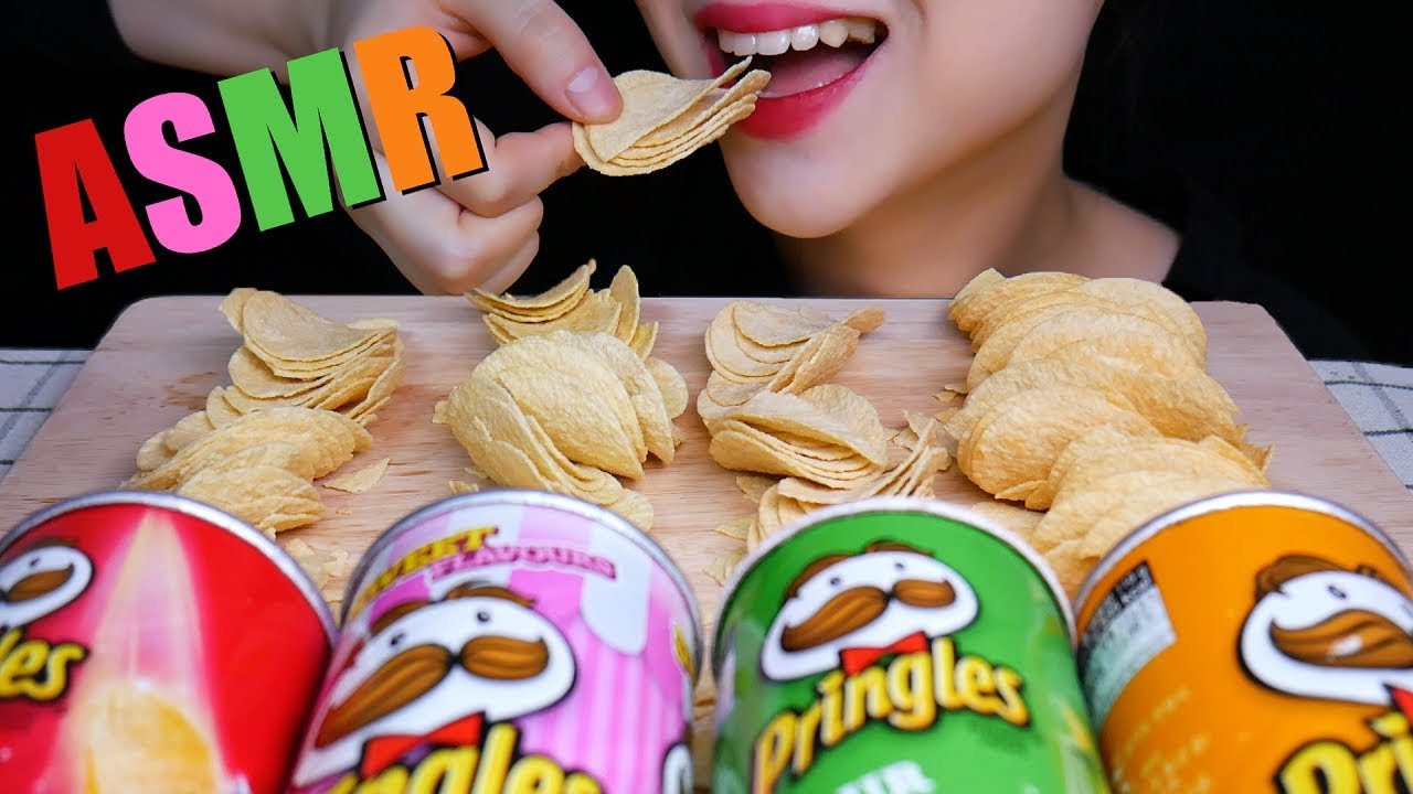 ASMR PRINGLES 4 FLAVOURS 프링글스 과자먹방 食べる 菓子 (Sour cream, Original, Butter caramel, Cheese) eating