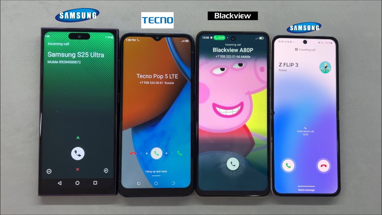 Samsung Galaxy S25 Ultra + Z Flip 3 + Tecno Pop 5 LTE + Blackview A80 Pro Incoming call