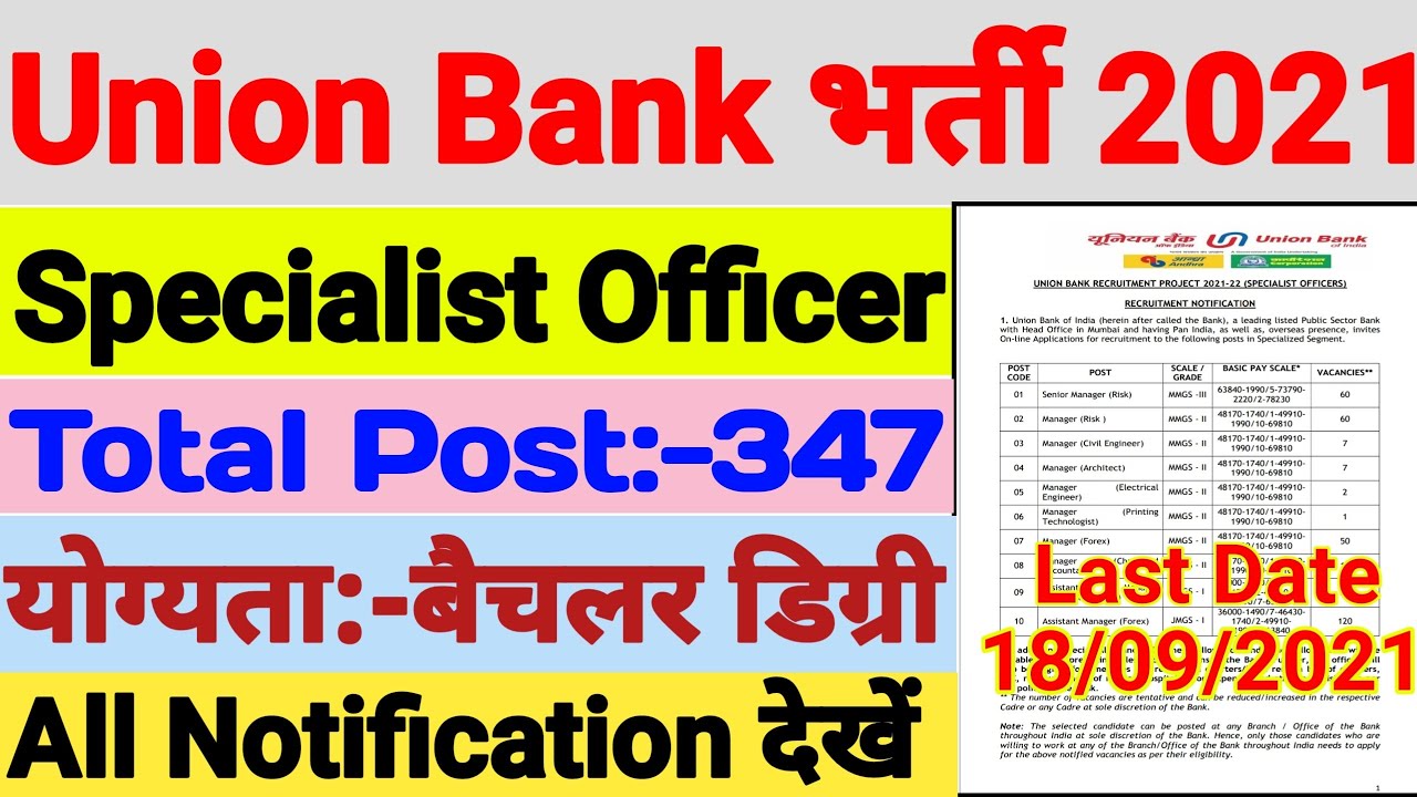 Union Bank of India Specialist Officer Recruitment 2021 || Union Bank Specialist Officer Online Form