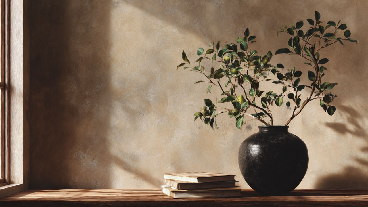 Fig Tree in Warm Afternoon Light Botanical Frame TV Art with Books Neutral Interior Screensaver