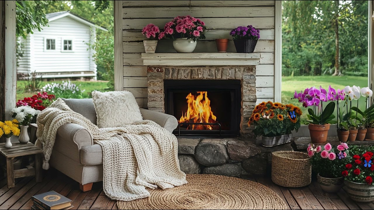 Cozy Spring Cottage Fireplace Ambience | Crackling Fire & Peaceful Atmosphere