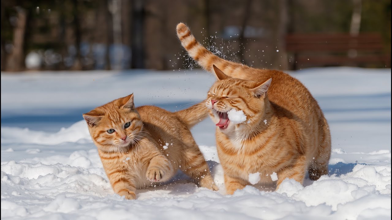 The Red Kitten and Mom Cat  Magical New Year: Sleighs, Snowmen, Gifts of Santa Claus🎅🎄☃️❄️
