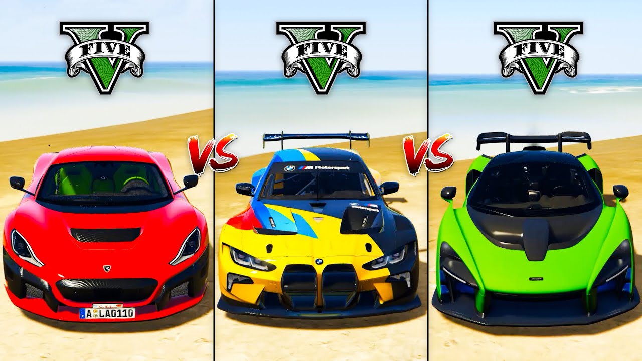 BMW M4 GT3 vs McLaren Senna vs Rimac Nevera - GTA 5 Car Mods Which sport car is better?
