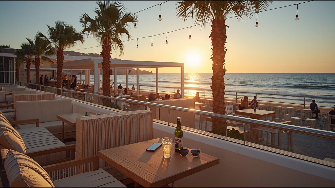 Marbella Beach Lounge Sunset   Relaxing Andalucian Ocean Bar Ambience