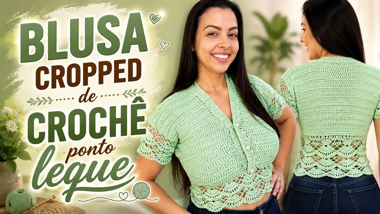 BLUSA/CROPPED de CROCHÊ PONTO LEQUE RENDADO e PONTO ALTO @rhosangellaartecroche 