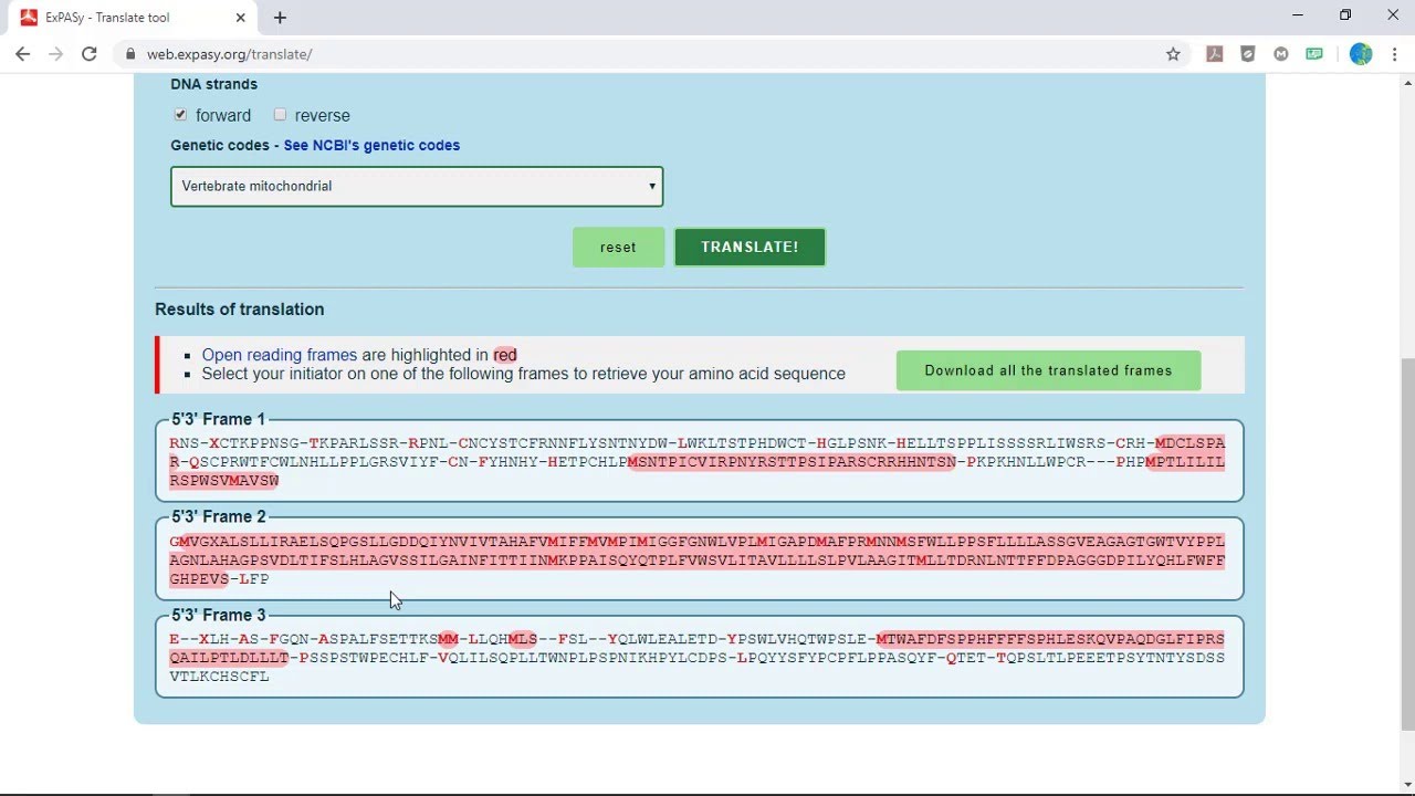 Bioinformatics; Expasy Translate Tool and Protparam
