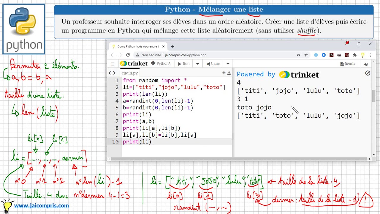 python • écrire un programme pour mélanger une liste aléatoirement • seconde SNT spécialité NSI