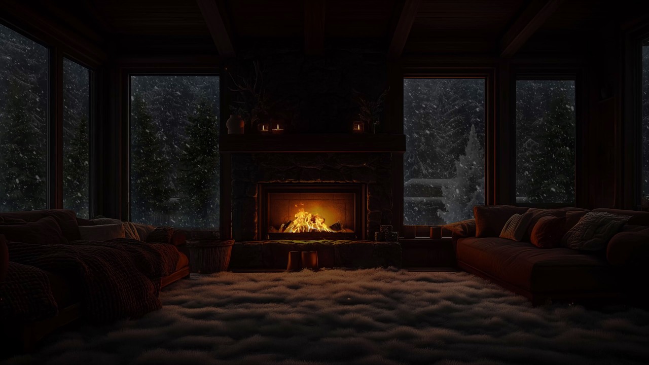 Quiet Winter Cabin in a Snowstorm with Soft Crackling Fireplace Sounds for Total Stress Relief