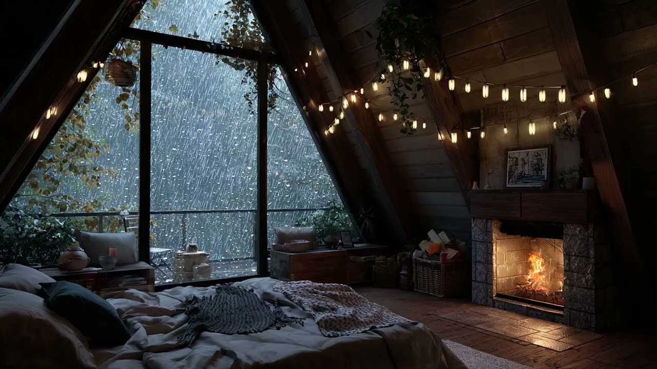 Cozy Fireplace & Soft Rainfall 🌧️ Peaceful Sleep Ambience