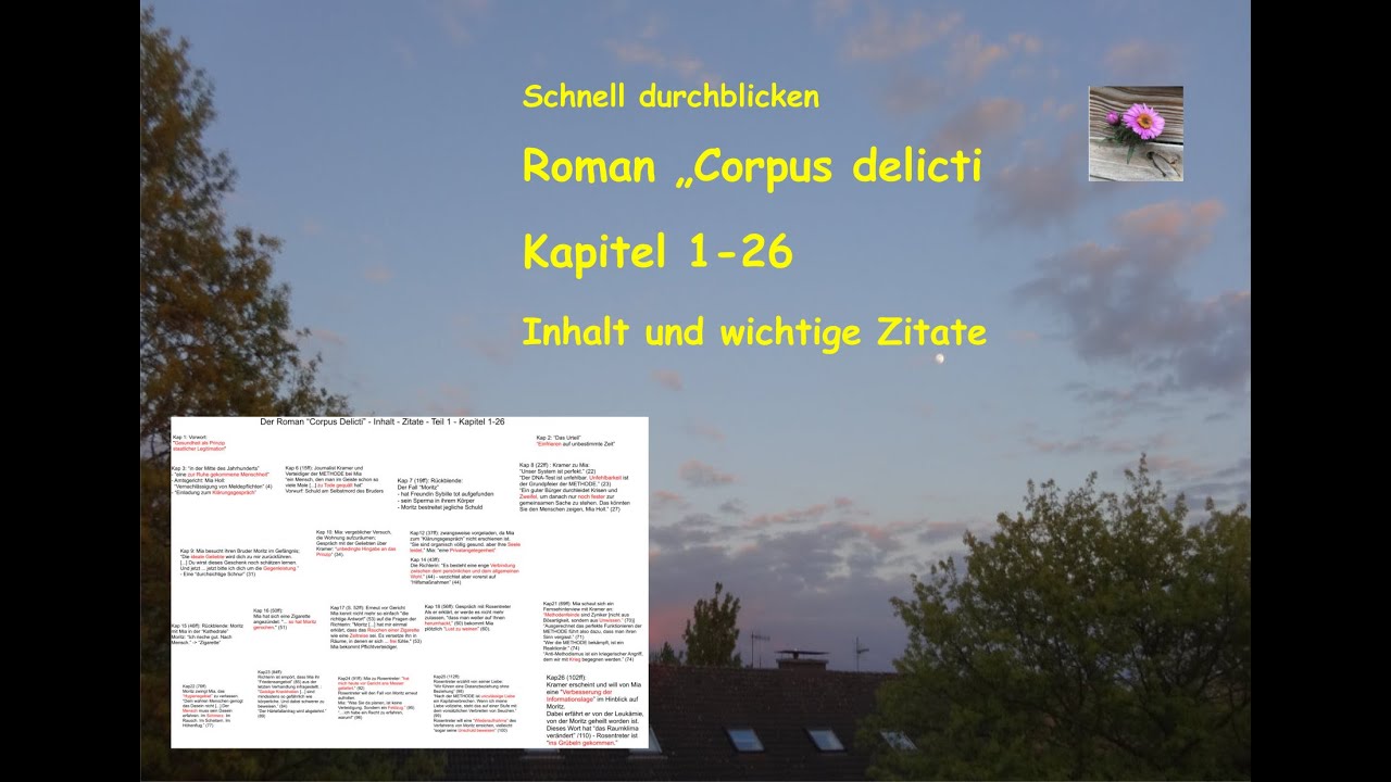 „Corpus delicti“ -Überblick – Kap 1-26 : Schaubild über Inhalt und Zitate