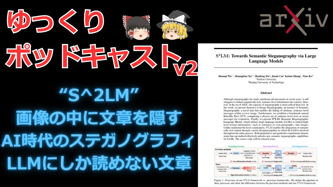 【ゆっくり解説】論文「S^2LM：大規模言語モデルによるセマンティック・ステガノグラフィーへの挑戦」【作業用ポッドキャスト】