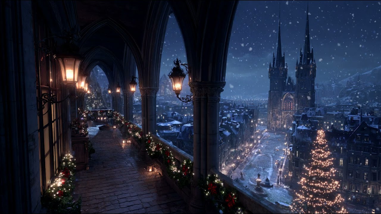 Quiet Night On The Gothic Balcony - Dark Academia Christmas Ambience