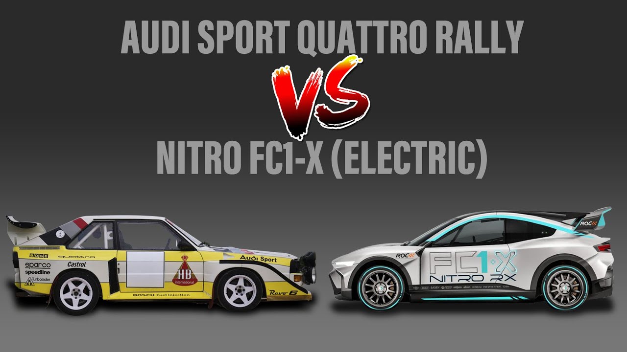 1070bhp Nitro FC1-X electric rallycross vs 37 year old Audi Group B rally car - Who wins?