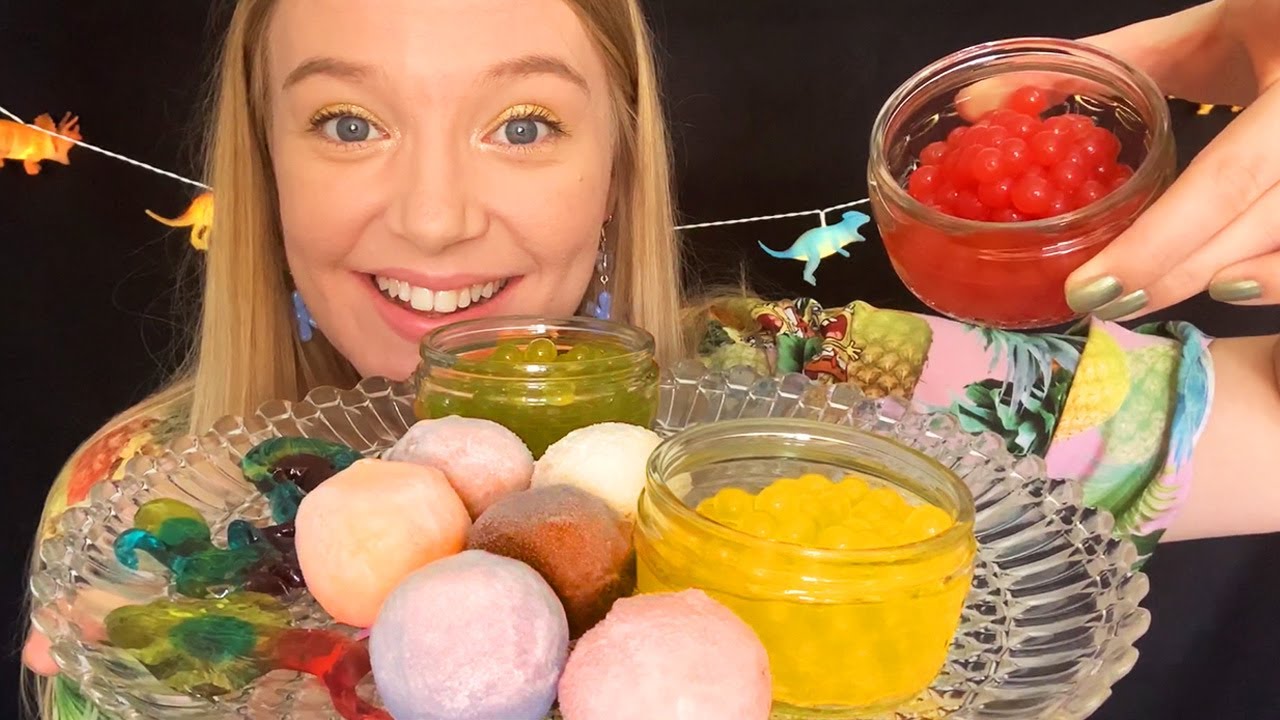 ASMR Eating Mochi, Bursting Boba and Jellies (Whispered)