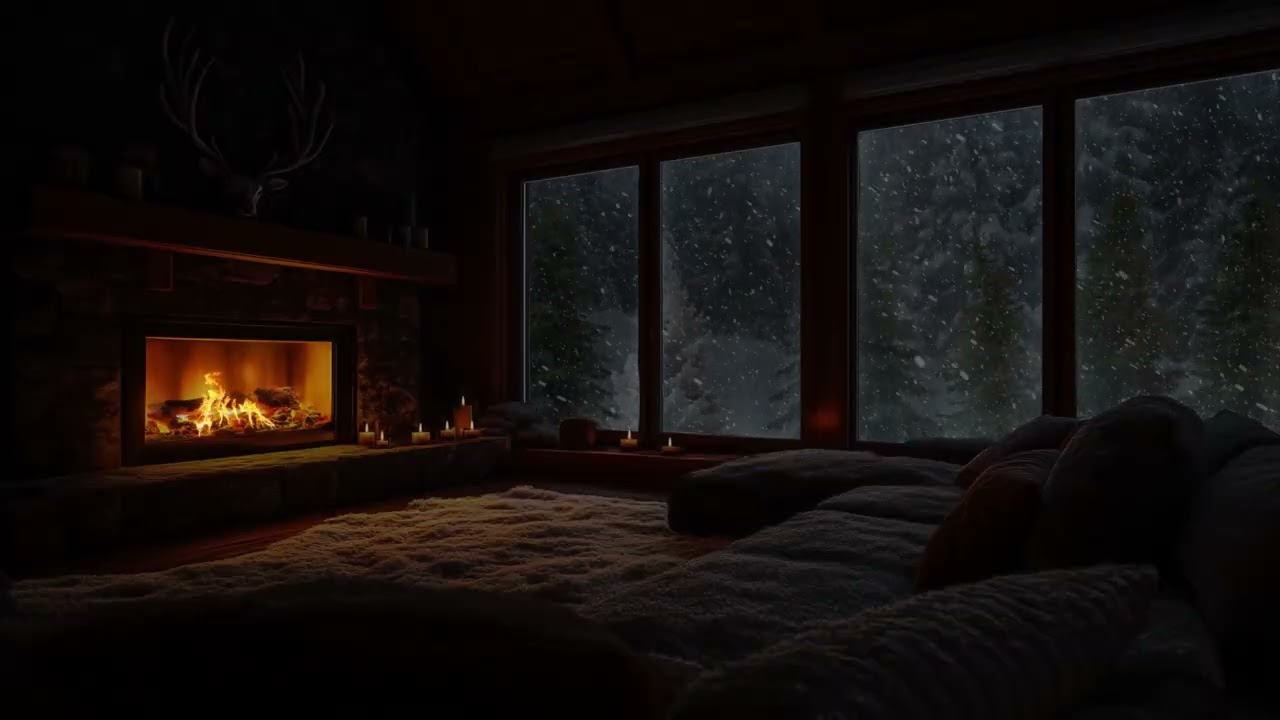 Heavy Snowfall and Howling Wind Outside the Cabin with Warm Fireplace Ambience for Deep Sleep
