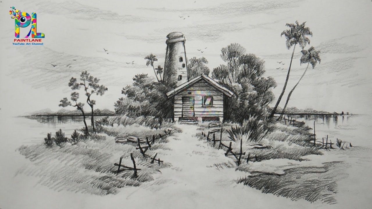 Learn Easy & Simple Shading A Landscape With Pencil | Landscape Pencil Art
