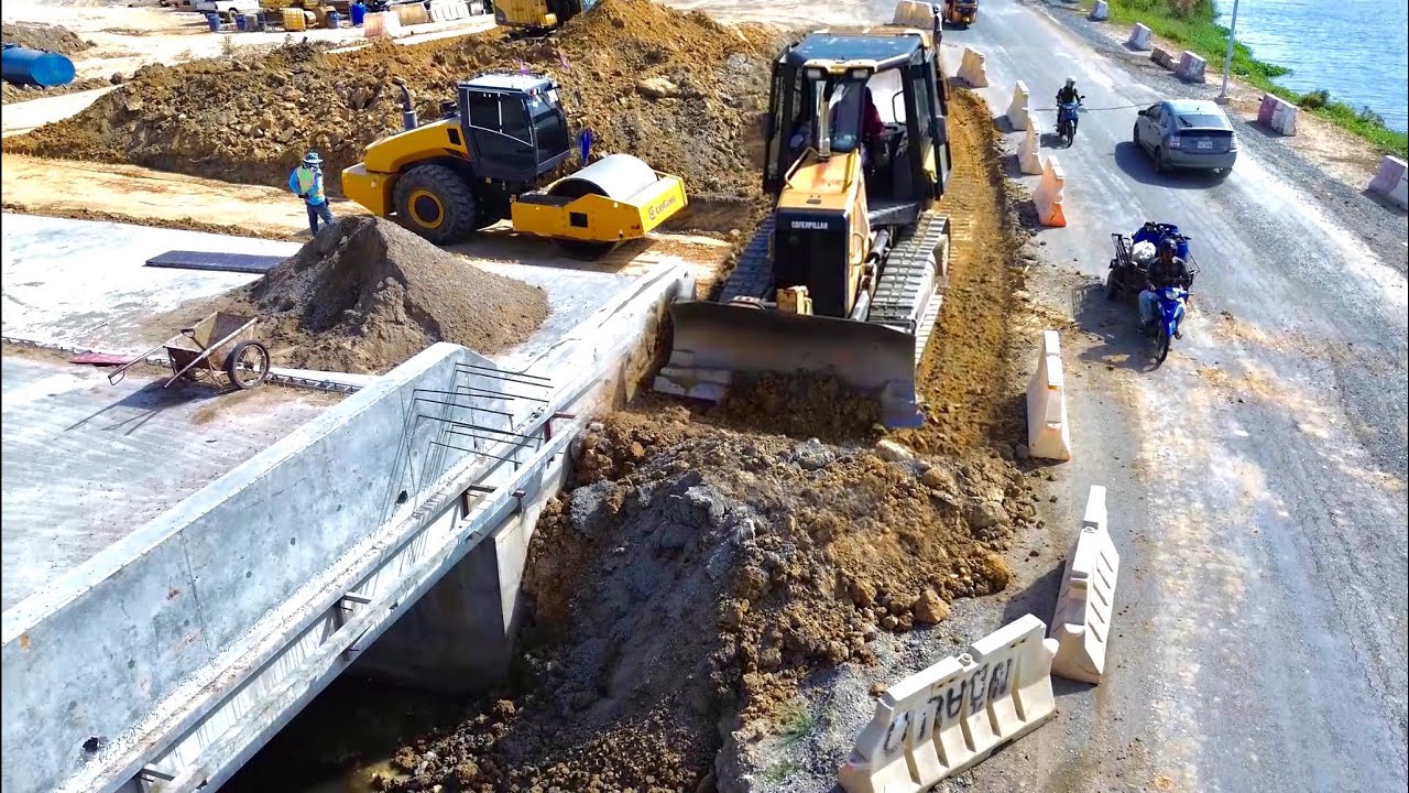 New Update! Filling Soil Up the Foundation Layer At East Side Of The Bridge By CATERPILLAR D3K Dozer