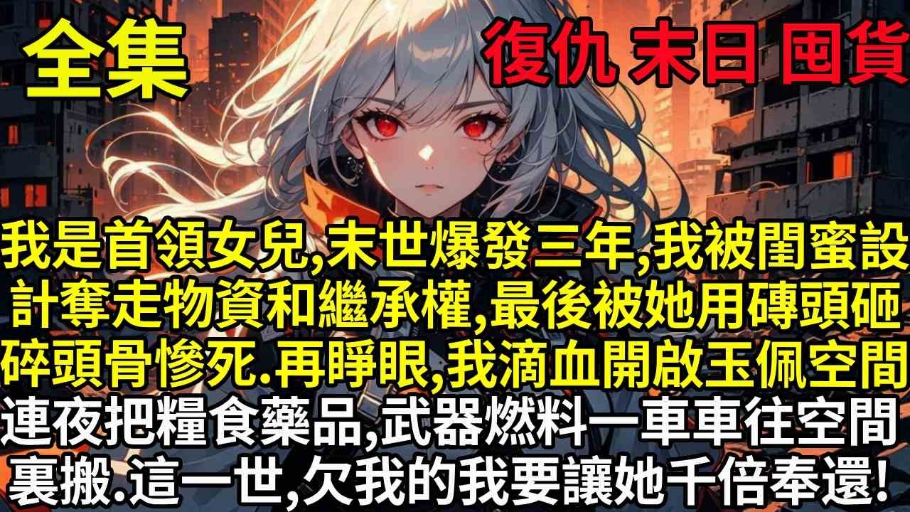 我是首領的女兒，末世爆發三年，我被閨蜜設計奪走物資和繼承權，最後被她用磚頭砸碎頭骨慘死。再睜眼，我滴血開啟玉佩空間，連夜把糧食、藥品、武器、燃料一車車往空間裏搬。這一世，欠我的我要讓她千倍奉還！
