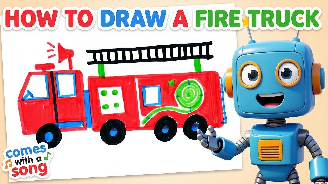 How to Draw a Fire Truck | Draw and Sing with Robo-Boo